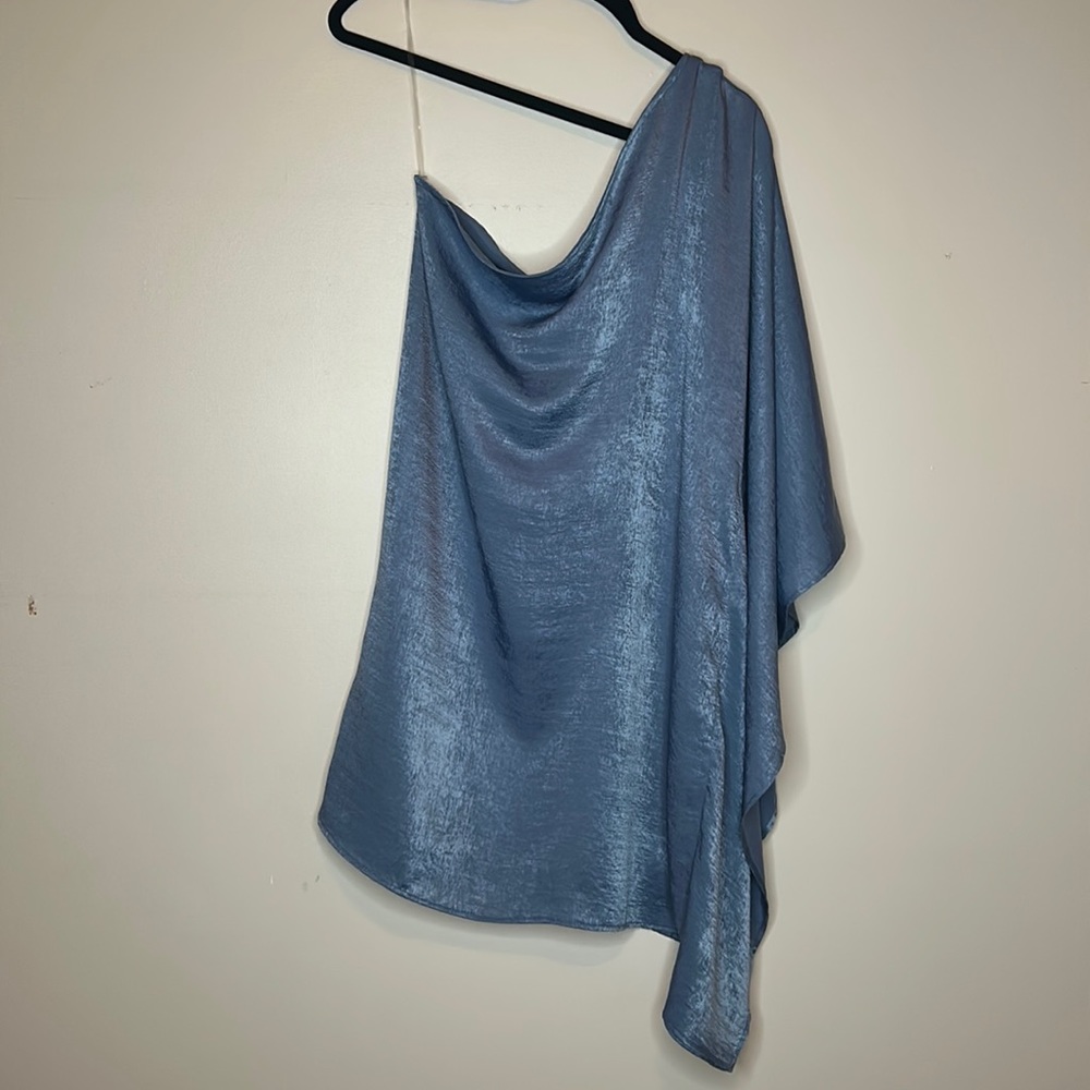 One shoulder cocktail, silky, dusty blue dress. It’s stunning on!